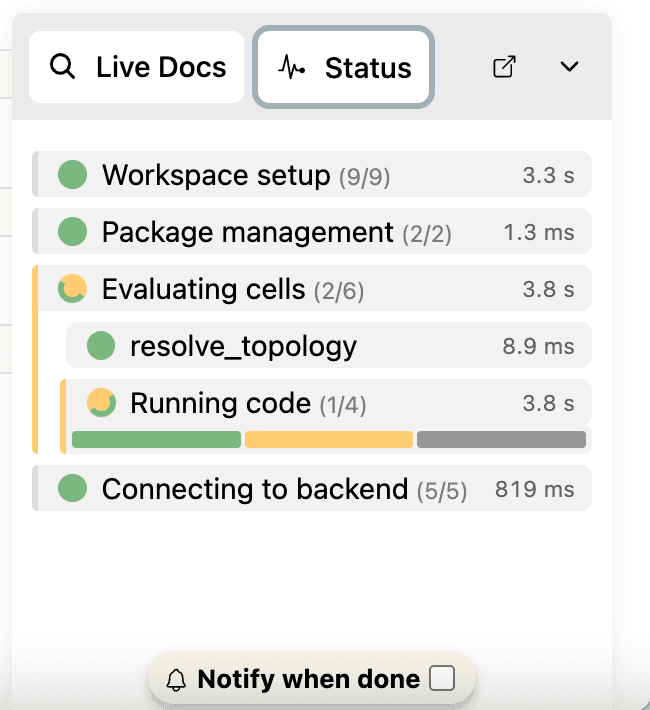 Screenshot of the status tab showing one cell running